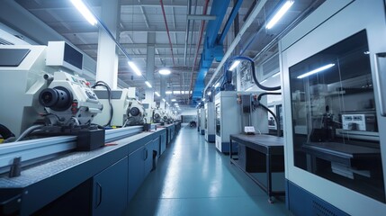 Factory floor with advanced CNC machines crafting intricate components The precision and speed of computer numerical control technology are transforming traditional manufacturing