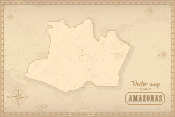 Naklejka premium Map of Amazonas in the old style, brown graphics in retro fantasy style. Federative units of Brazil.
