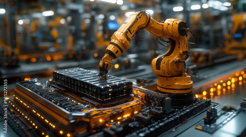 Poster A robotic arm meticulously assembles high-tech components in a bustling industrial environment, showcasing advanced automation and precision engineering