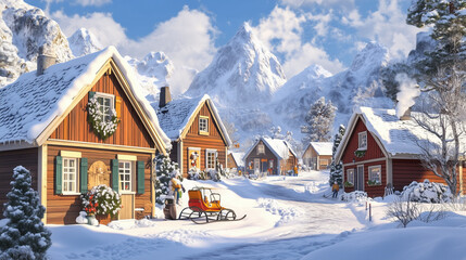 Fototapeta premium illustrations inspired by traditional Norwegian and Danish settings, featuring charming buildings and local elements