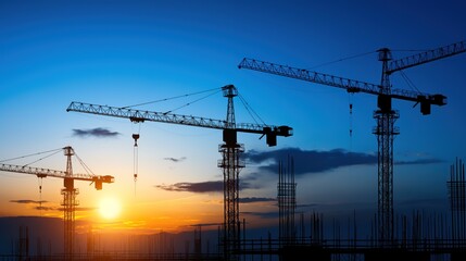 Construction cranes tower against a colorful sunset, marking the progress of urban development in the evening sky