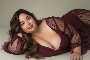 Naklejka premium Confident Plus-Size Woman in Burgundy Sleepwear. Concept about lifestyle and body positivity