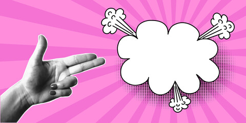 Halftone collage, women's hand gesture in the shape of a gun, empty speech bubble, cloud in a comic style. Template for retro pop art banner, two fingers, cut out of magazine element.