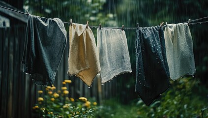 Wet cloths hanging on a clothesline in the rain.