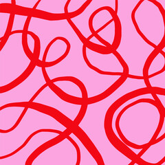 Playful hand drawn pattern, curved red lines of different thickness. Pencil textured lines on pink background, doodle swirls, wavy strokes, crosshatch. Sketch vector illustration.