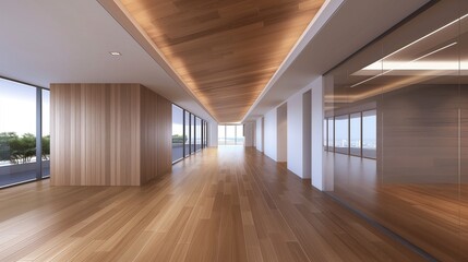 Fototapeta premium A spacious office corridor features polished wooden floors and expansive windows, allowing natural light to illuminate the contemporary design and offer picturesque outdoor views