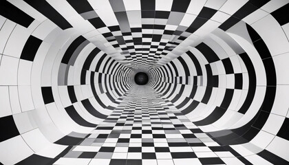 A black and white checkered tunnel with a repeating pattern of concentric circles and squares, creating a surreal and optical illusion effect