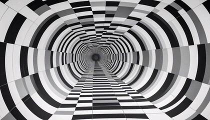 Obraz premium A black and white checkered tunnel with a repeating pattern of concentric circles and squares, creating a surreal and optical illusion effect