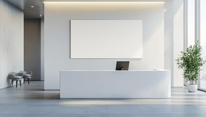 White reception desk, blank canvas, grey floor, and plant.