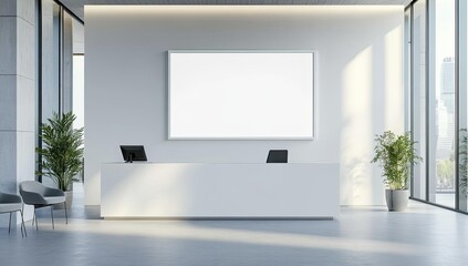 Minimalist white reception area with large window.