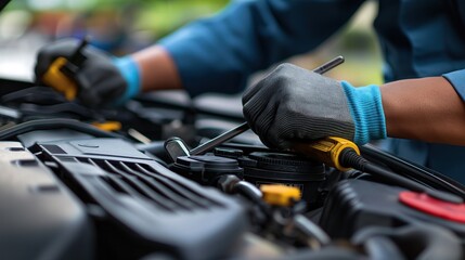 Mechanic working on a car engine, using diagnostic tools and wrenches to identify and repair issues, ensuring the vehicle runs efficiently and safely