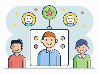Social Network Concept with Icons: Children and People Connected in a Circle of Interaction, Featuring a Set of Social Network Icons Representing Community and Connectivity