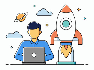 Businessman on the Move: From Sky to Beach, Carrying a Suitcase and Aspiring with a Rocket Character Symbolizing Ambition and Adventure in Business