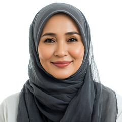 Naklejka premium Beautiful middle aged Indonesian woman in hijab smiling. Asian style model, isolated on white background. Muslim woman. Design element for poster, publicity.