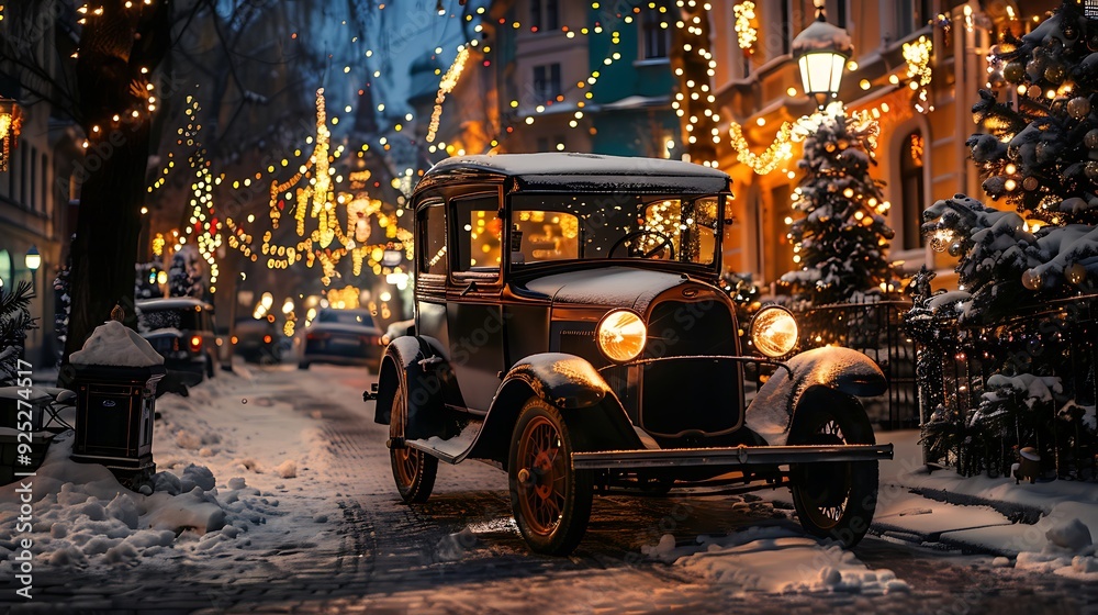 Canvas Prints Classic older vehicle parked opposite the festivitely set festive