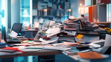 An office desk overloaded with documents and files, spilling off the sides, creating a chaotic and cluttered workspace.