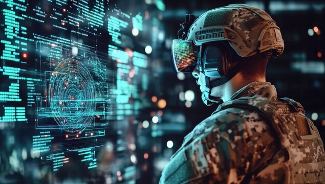 A soldier in VR headset looks at a digital screen.