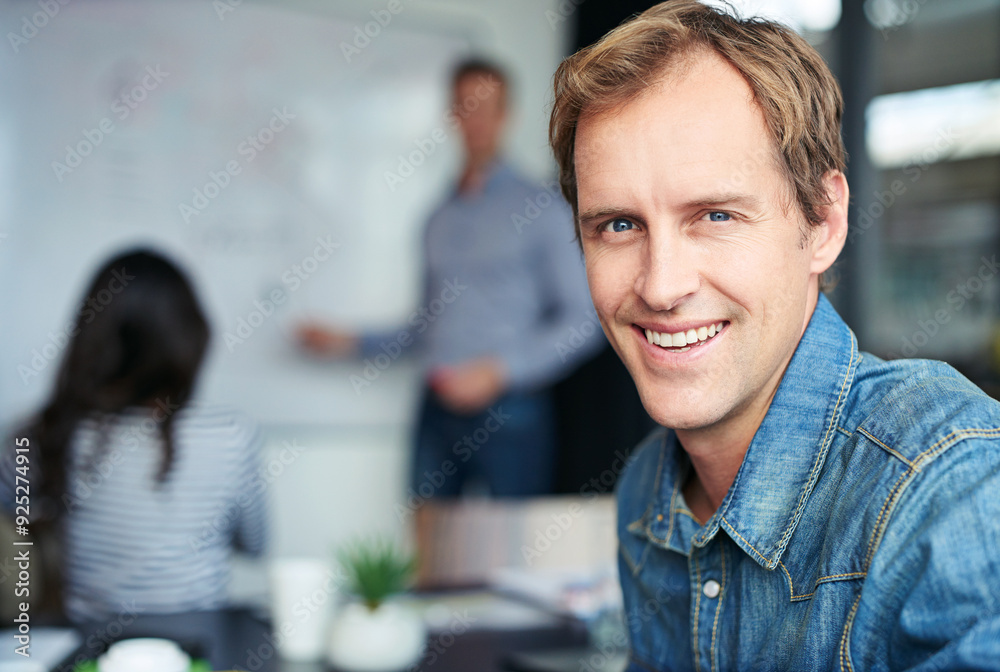 Poster smile, designer and man in presentation, portrait and project management for business in office. wor