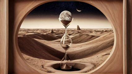 Time and space: Surreal combination of clock, hourglasses and space elements in antique style