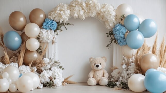 A cozy corner is adorned with balloons and flowers, while a cute teddy bear sits patiently, creating a whimsical atmosphere perfect for festivities