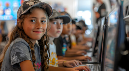 Obraz premium Smiling Girl Wearing A Cap in a Computer Lab - Photo