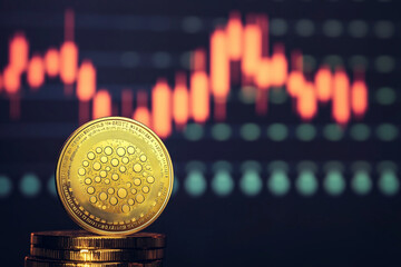 Cardano or Ada cryptocurrency coin on stock market graph pattern background