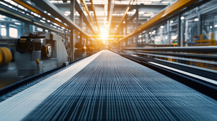 Obraz premium Industrial weaving machines producing fabric at high speed in a modern textile factory