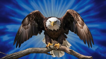 Obraz premium Bald Eagle Perched on Branch, with Blue Background, Realistic Photo, Standard Background, Wallpaper, Cover and Screen for Smartphone, Cell Phone, Computer, Laptop