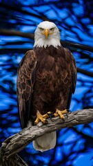 Fototapeta premium Bald Eagle Perched on Branch, with Blue Background, Realistic Photo, Standard Background, Wallpaper, Cover and Screen for Smartphone, Cell Phone, Computer, Laptop