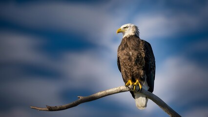 Obraz premium Bald Eagle Perched on Branch, with Blue Background, Realistic Photo, Standard Background, Wallpaper, Cover and Screen for Smartphone, Cell Phone, Computer, Laptop