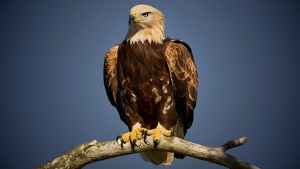 Obraz premium Bald Eagle Perched on Branch, with Blue Background, Realistic Photo, Standard Background, Wallpaper, Cover and Screen for Smartphone, Cell Phone, Computer, Laptop