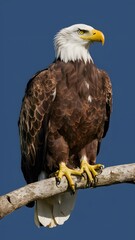 Obraz premium Bald Eagle Perched on Branch, with Blue Background, Realistic Photo, Standard Background, Wallpaper, Cover and Screen for Smartphone, Cell Phone, Computer, Laptop