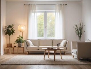 Modern Living Room Interior with White Sofa, Coffee Table, and Plants
