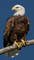 Fototapeta premium Bald Eagle Perched on Branch, with Blue Background, Realistic Photo, Standard Background, Wallpaper, Cover and Screen for Smartphone, Cell Phone, Computer, Laptop