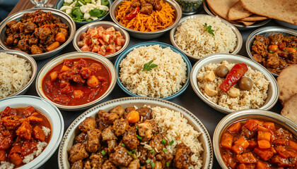 Fototapeta premium A variety of traditional Middle Eastern dishes including rice, stews, salads, and breads on a table