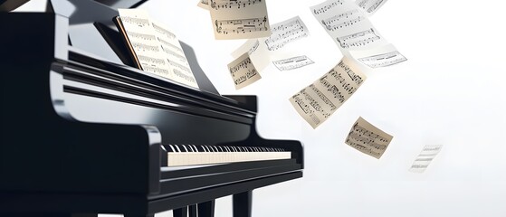 Black grand piano with sheet music floating around it.