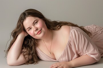 Fototapeta premium Overweight woman in beige nightgown, sensual studio scene. Concept about lifestyle and body positivity