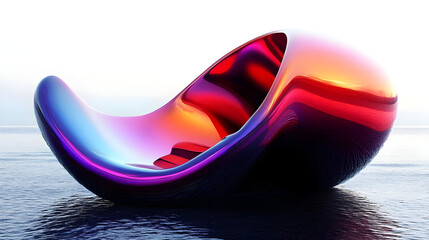 A colorful, abstract sculpture resembling a smooth, futuristic shell on a tranquil water surface.