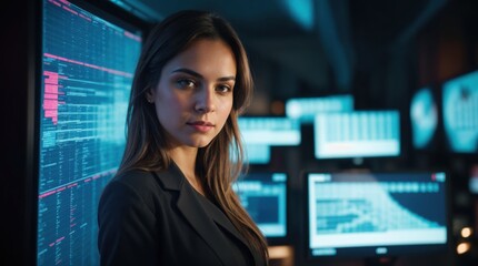 Naklejka premium Lady amidst brilliant blue data displays