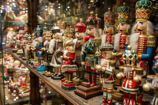 Various nutcrackers and toy soldiers arranged in a store for sale, Nutcrackers and toy soldiers in a whimsical display