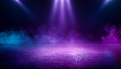 The dark stage shows, purple background, an empty dark scene, neon light, spotlights The asphalt floor and studio room with smoke float up the interior 