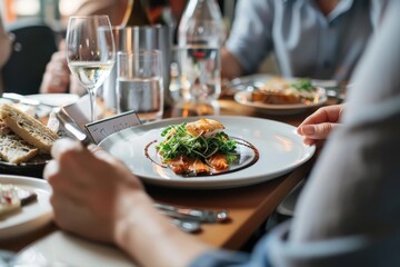 A group of people sitting at a table, engaging in a meal with plates of food, while a nutritionist discusses meal plans with a client, Nutritionist discussing meal plans with a client