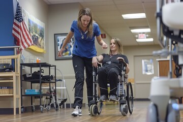 An occupational therapist assisting a patient with mobility by pushing her in a wheelchair, Occupational therapist helping a patient with mobility aids