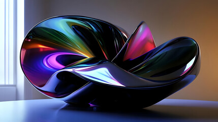 A colorful, abstract sculpture with smooth curves and reflective surfaces.