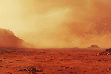 Dramatic mars landscape with intense dust storm atmosphere