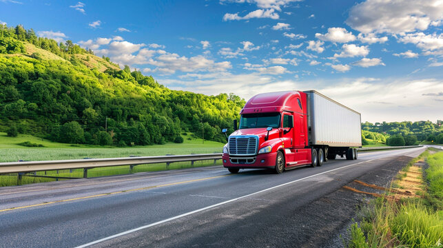 A large red semi-truck driving down a highway surrounded by lush green landscapes and a clear blue sky