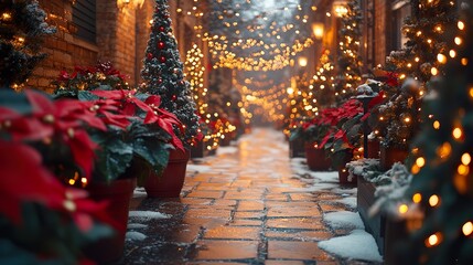 A festive outdoor garden with twinkling lights and holiday-themed sculptures