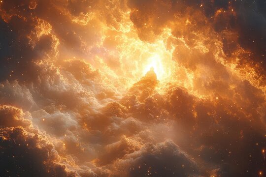 majestic celestial being of pure light seated on an ornate golden throne among swirling cosmic clouds radiating divine energy surrounded by adoring cherubs and seraphim