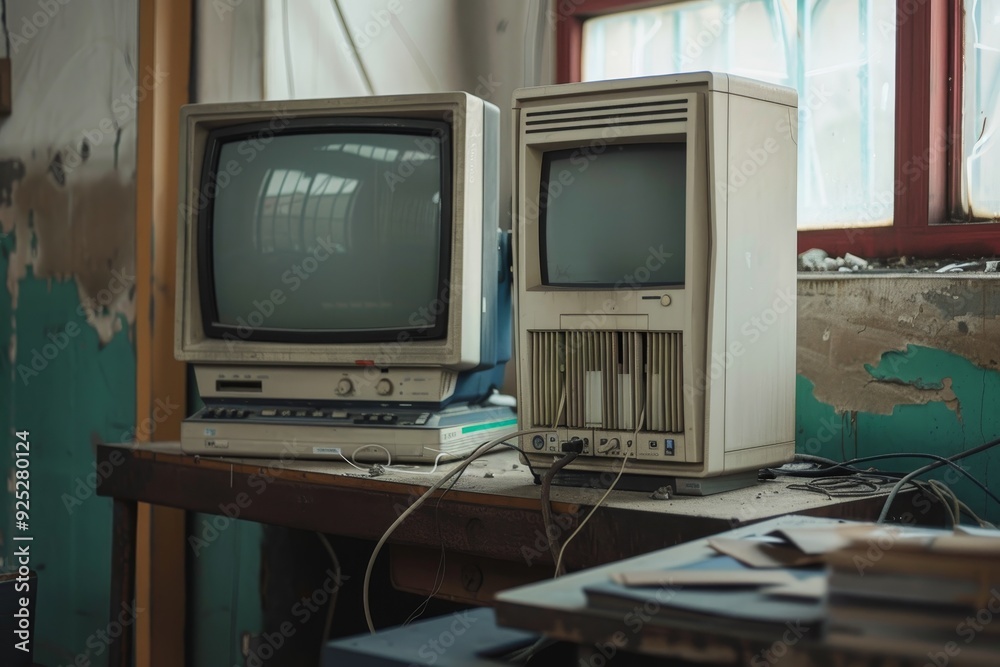 Poster two old computer towers sit on a table, old computer tower with a dial-up modem
