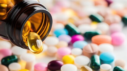 A close-up view of colorful pills and capsules spilling from a brown bottle, showcasing various types of dietary supplements.